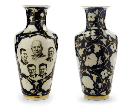 Vase decorated with a portrait bust of Nikita Khrushchev surrounded by portraits of Vostok program cosmonauts Yuri Gagarin, German Titov, Andrian Nikolaev, and Pavel Popovich