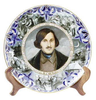 Decorative dish “N.V. Gogol's Birth Centenary” (1852–1952) with the writer’s portrait and illustrations to his works – Taras Bulba, Sorochintsy Fair,  Christmas Eve, Dead Souls and May Night, or the Drowned Maiden